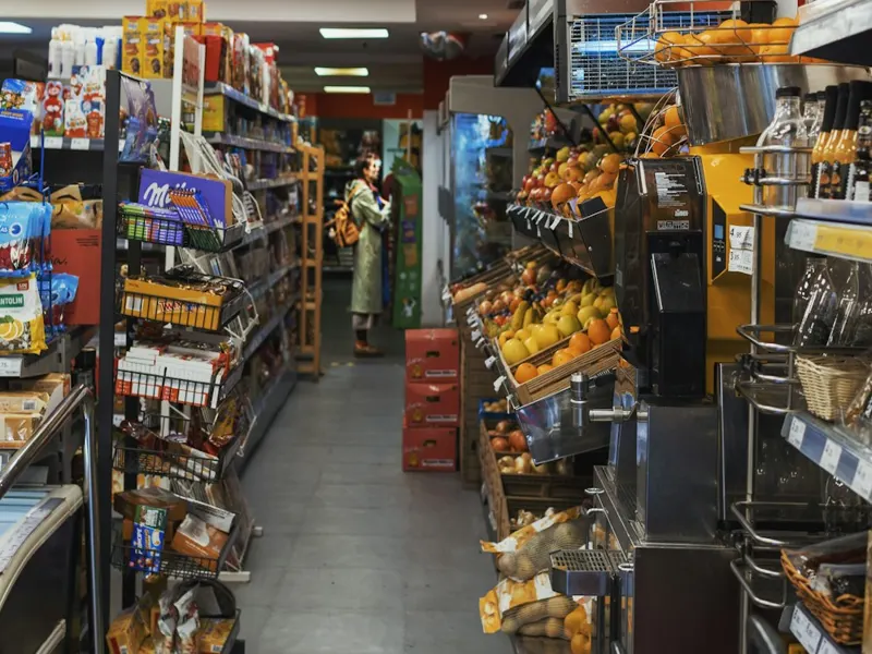 Pasillo de una bodega con productos en estantes y fruta a la venta