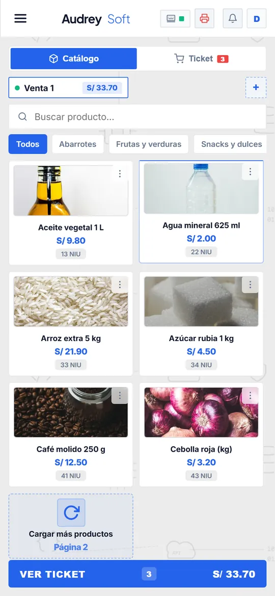 La misma venta rápida en un celular: catálogo de productos y botón para ver el ticket
