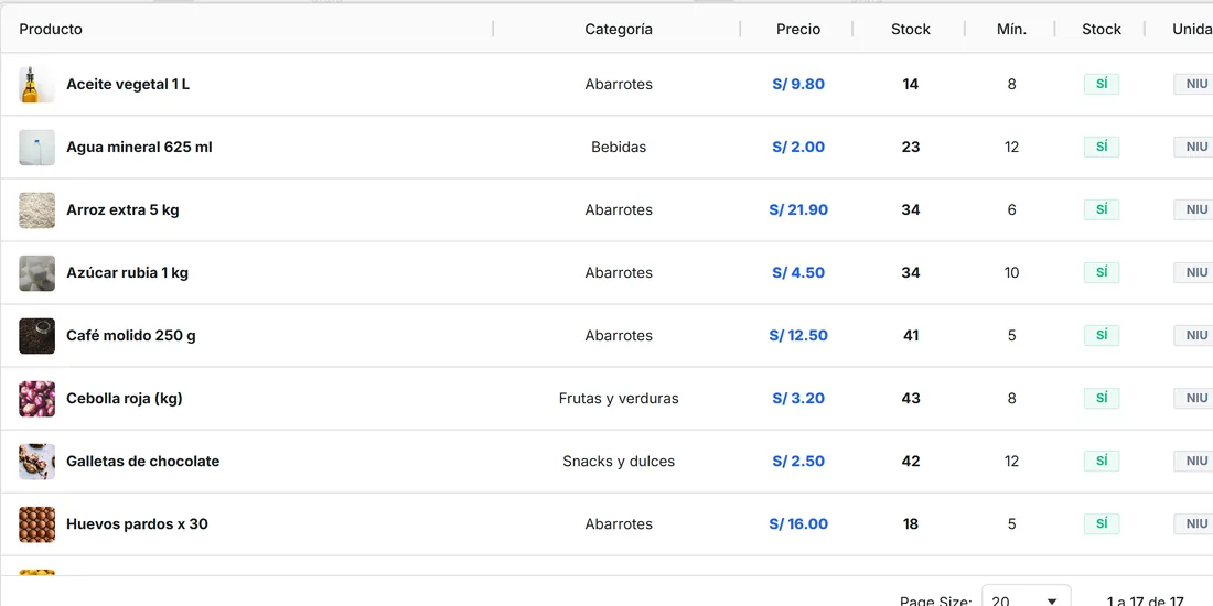 Inventario de AudreySoft con productos, fotos, precios y stock por producto