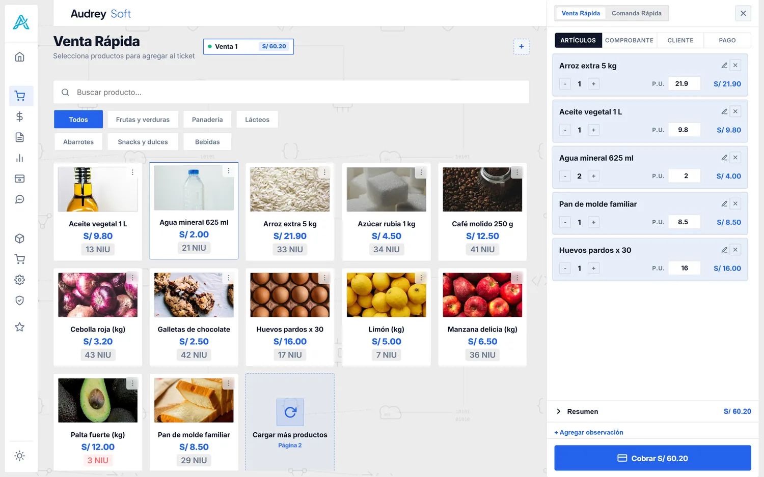 Venta rápida de AudreySoft en una bodega: productos con foto y precio, y el ticket con el total a cobrar